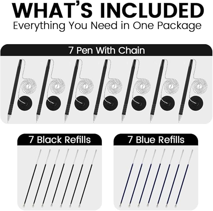 Secure Pen with Adhesive Pen Chain Holder 23-Inch Chain (21 Pieces) | 7 Black Pens with 7 Black & 7 Blue Refills | Counter Pens with Chain & Base | Ideal for Office, Reception & Public Spaces