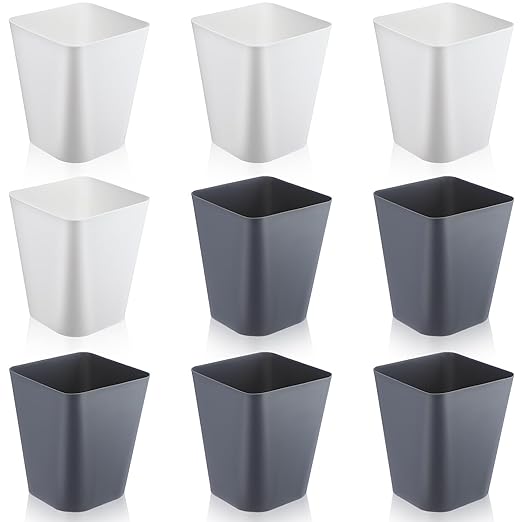 Hoolerry 9 Pieces Garbage Can 2 Gallon Small Trash Cans Bulk Bathroom Trash Bin Plastic Wastebasket Square for Bedroom Slim Bathroom Trashcan Small Container for Kitchen Office Home Rooms(White,Grey)