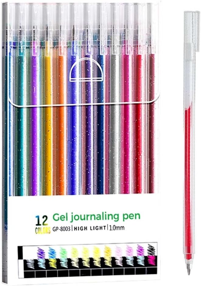 Glitter Gel Pen Set, Multi-Functional Colored Drawing Pens for Scrapbooking, Portable Journaling Crafting Doodling Drawing Glitter Pens for Adults School Supplies (12-Color)