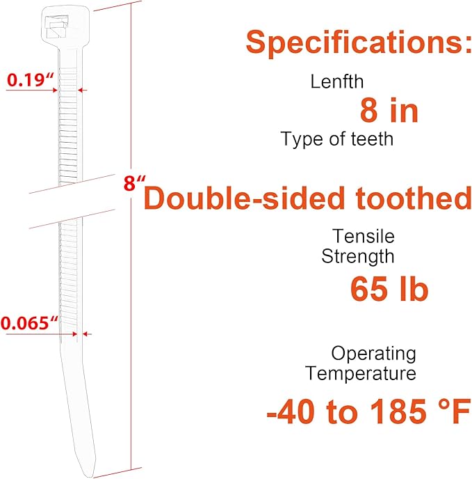 8 Inch Zip Ties Double Sided Toothed (Bulk 1000 Pack Black),65lbs Tensile Strength Heavy Duty Cable Wire Ties with Self-Locking Adjustable Nylon Tie Wraps for Indoor Outdoor (Patented Design)