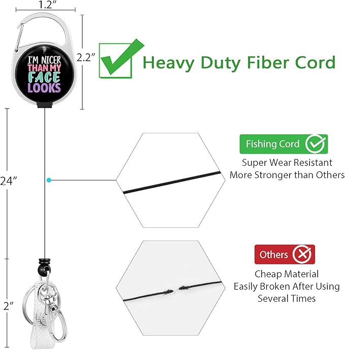 Gctriki Funny Badge Reel Heavy Duty with 360 Swivel Carabiner Clip, Cute ID Badge Holder, Nurse Teacher Retractable Keychain Name Badge Clip I'm Nicer Than My Face Looks