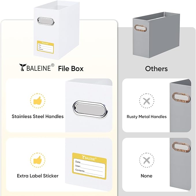 BALEINE File Organizer Box, Cardboard File Folder Organizer with Handle for Letter Size, Portable Collapsible Hanging Filing Box for Home Office Document Storage (2 Pack, White)