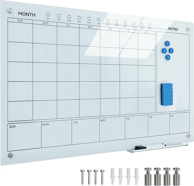 Magnetic Glass Whiteboard 36X24 Monthly Planner Calendar Dry Erase Board for Home, School, Office, Frameless, with Markers, Marker Tray, Eraser, Magnets (White)
