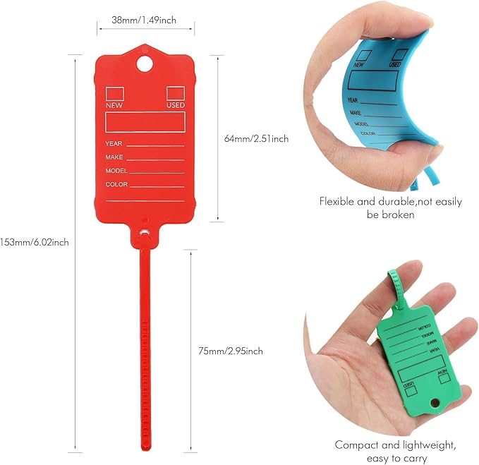 100 Car Key Tags with Labels Plastic Car Dealership Key Tags Self Locking Automotive Identifiers Blank Shop Labels with One Pen (Mixed Color)