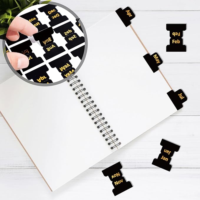 48PCS Adhesive Monthly Tabs for Planner, Black Monthly Index Stickers, Decorative Calendar Label Stickers for Office School Planner Journal Scrapbook Notebook School Accessories