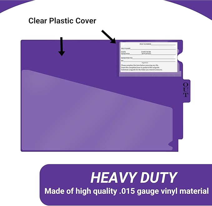 Doctor Stuff - Center Tab Vinyl Outguides, Diagonal Cut Front Pocket, Top Charge Out Slip Pocket, Plastic File Folder, Letter Size 9" x 13-1/4", Purple, 50/Box