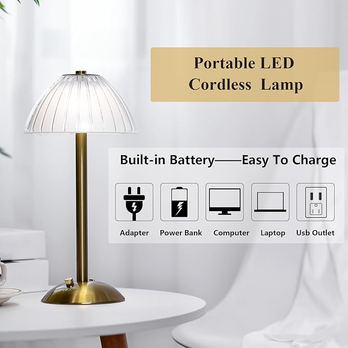 Liliful 2 Pcs LED Portable Cordless Table Lamp Touch Battery Operated Rechargeable Gold Desk Lamp 3 Color Dimmable for Bedroom Living Room Dining (Gold,Mushroom Style)