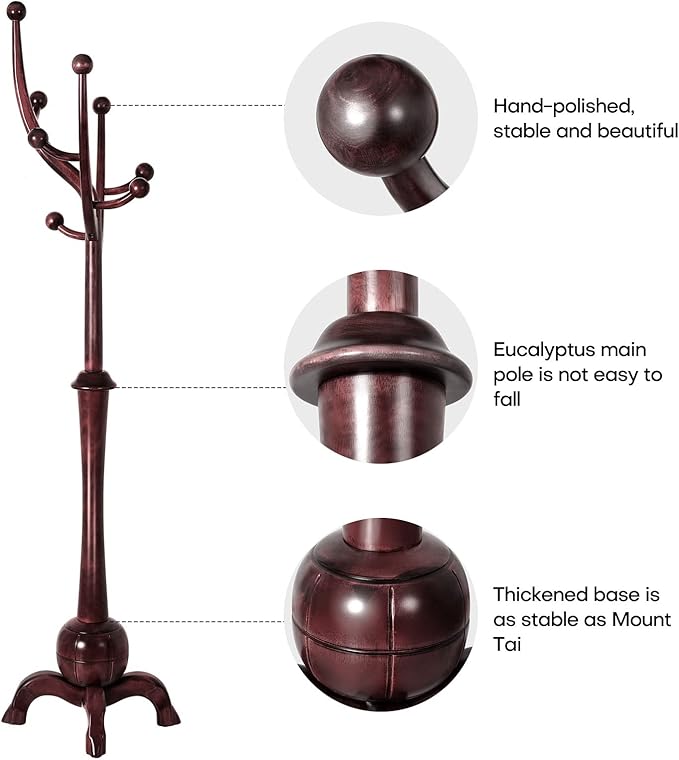 Coat Rack Freestanding Wood Tree Rack with 8 Hooks, Creative Design Tree Branch-look, Coat Tree Clothes Hanger Stand with Stable Sphere Base for Entryway, Hallway, Bedroom (Wine Red)