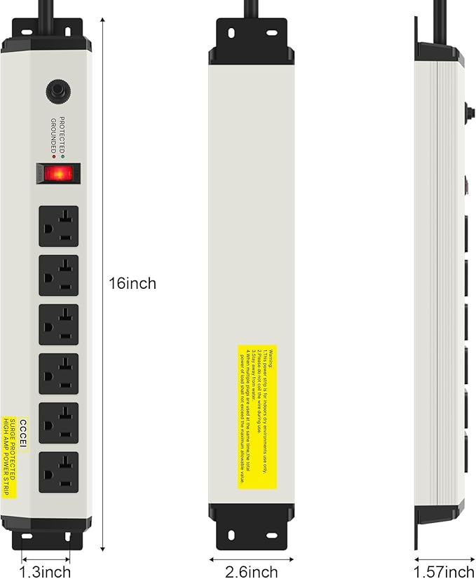 CCCEI 12 Gauge Heavy Duty Power Strip Surge Protector 4800J, 20 Amp 6 Plug Industrial Shop Garage Metal Multiple Outlets, 25 FT Extension Cord 5-15P Adapter High Amp 6-20R T-Slot 20a for Appliance.