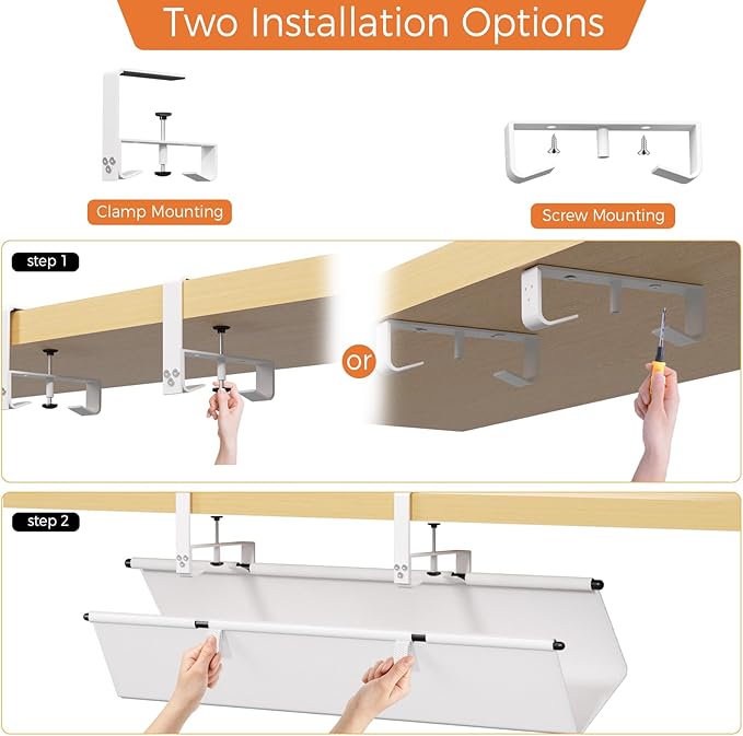 Under Desk Cable Management Tray - 28" Cord Organizer for Desk No Drill, Fabric Under Table Wire Organizer with 16X Cable Ties Hide for Office/Home, Cord Hider Fits Adapters & Sockets, White