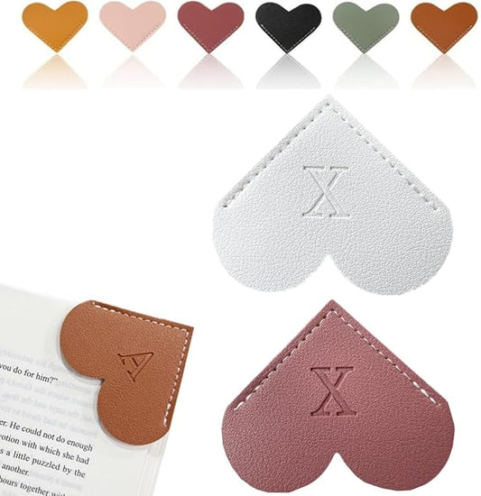 Personalized Leather Heart Bookmark, 26 Letters Customized Corner Book Mark for Reading Women, Book Marker with Initials，Cute Gifts (White+Deep Pink, X)