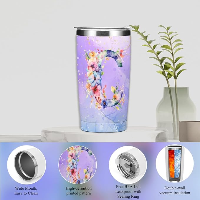 Personalized Gifts Monogrammed Birthday Gifts for Women, Boss Teacher Appreciation Christmas Initial 20 oz Tumbler, Makeup Bag Cup Ballpoint Pens Journal Notebook 6 Set, (Aesthetic Purple Flower D)