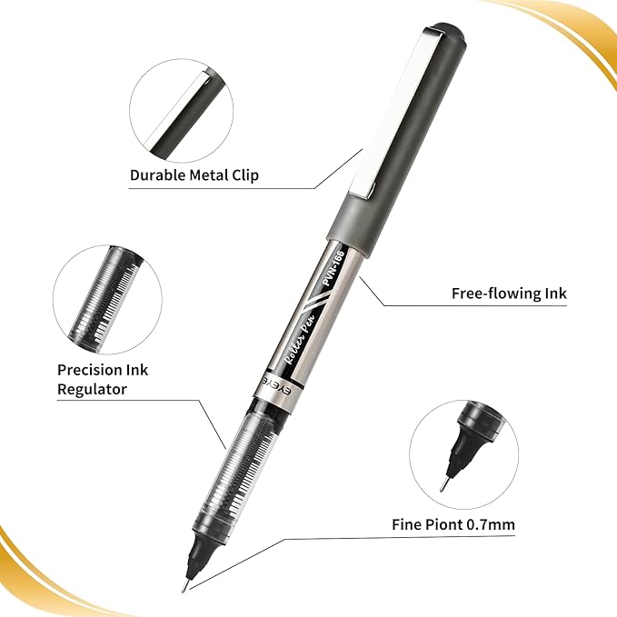 EYEYE 0.7mm Rollerball Pens Medium Needle Point, 6 Black 6 Blue Roller Ball Pen Quick Dry, Liquid Ink Pens Fine Point Smooth Writing Pen for Journaling, Note Taking, Office, School Supplies