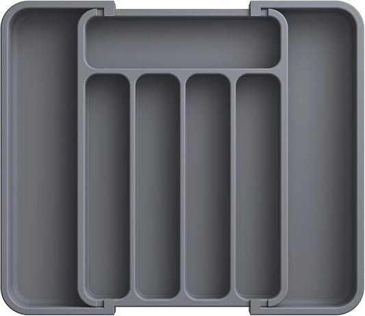 Aujen Silverware Organizer - Expandable Kitchen Drawer Organizer, Adjustable Utensil Organizer, Cutlery Tray for Forks, Knives, Multipurpose Kitchen Organizers and Storage Solution, Grey, Medium