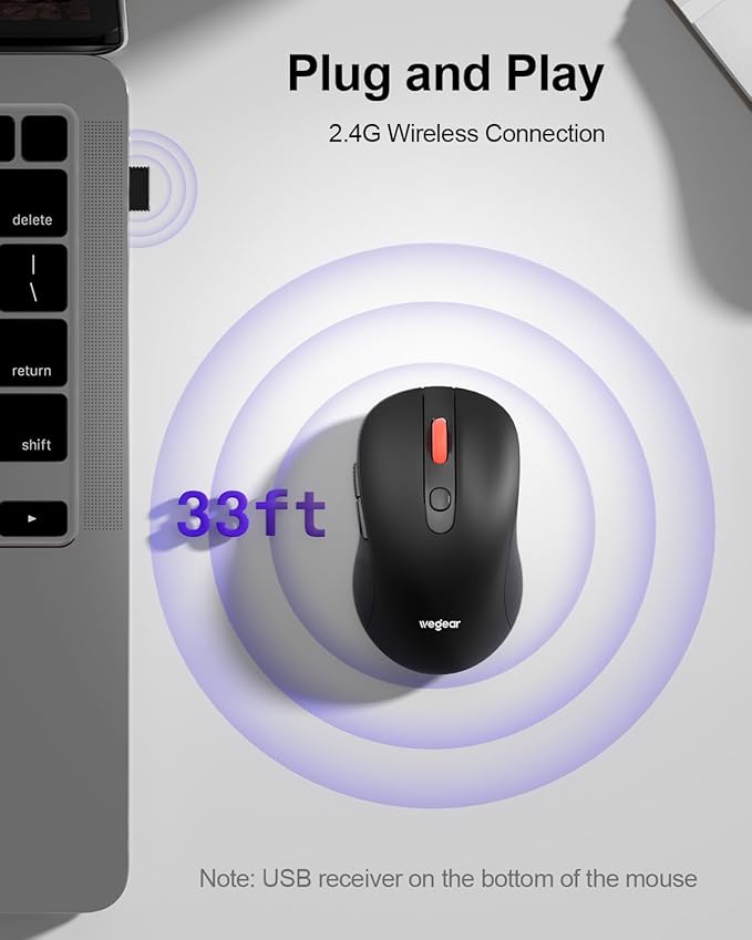 USB Mouse Wireless, 2.4G Cordless Computer Mouse with 6 Buttons, 5-Level Adjustable 4000 DPI, Ergonomic Portable Optical Computer Mice for Laptop, PC, Mac, iPad, 24-Month Battery Life (Black)