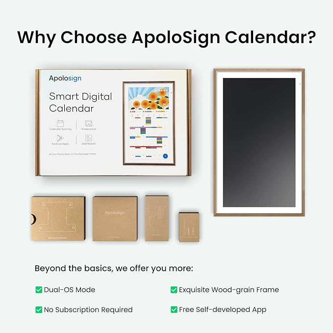 ApoloSign 21.5" Digital Calendar: Dual Mode Calendar with Google Play & Multi-calendar Sync, Electronic Planner & Chore Chart, Smart Touchscreen, Interactive Display for Family Schedules (Teak Wood, 21.5-inch)
