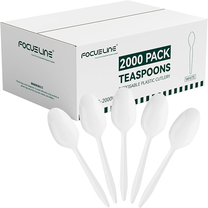 FOCUSLINE 2000 Pack White Plastic Spoons Bulk, Heat Resistant Disposable Teaspoons, Plastic Silverware for Take out Restaurants, Parties, Picnics, Travel & Any Events