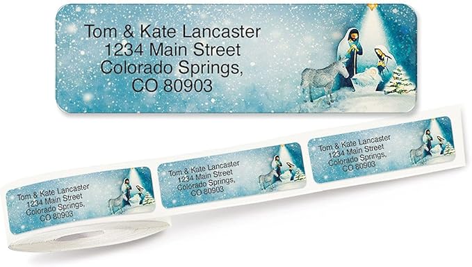 Colorful Images A Child is Born Christmas Rolled Return Address Labels - Set of 125 2 1/2" x 3/4" Personalized Sticker Labels, Religious, Faith