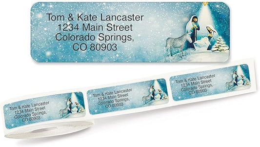 Colorful Images A Child is Born Christmas Rolled Return Address Labels - Set of 125 2 1/2" x 3/4" Personalized Sticker Labels, Religious, Faith
