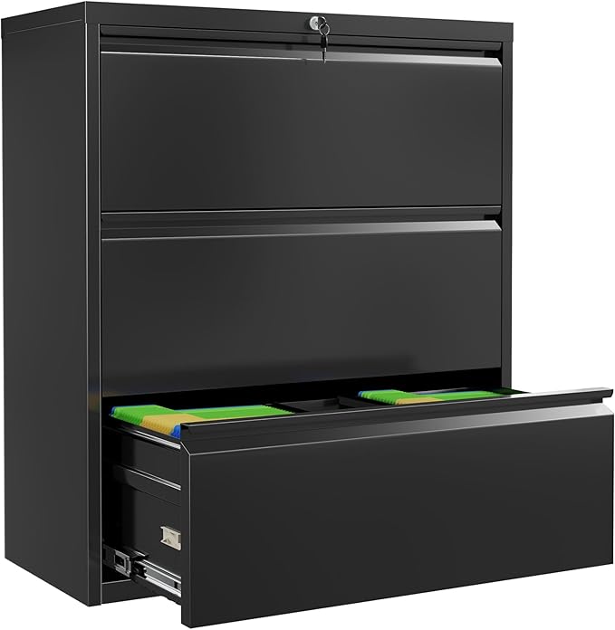 INTERGREAT Lateral File Cabinet with Lock, 3 Drawer Lateral Filing Cabinet for Legal/Letter A4 Size, Metal Steel Locking Black Wide File Cabinets for Home Office