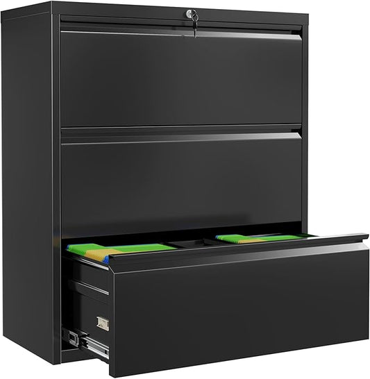 INTERGREAT Lateral File Cabinet with Lock, 3 Drawer Lateral Filing Cabinet for Legal/Letter A4 Size, Metal Steel Locking Black Wide File Cabinets for Home Office