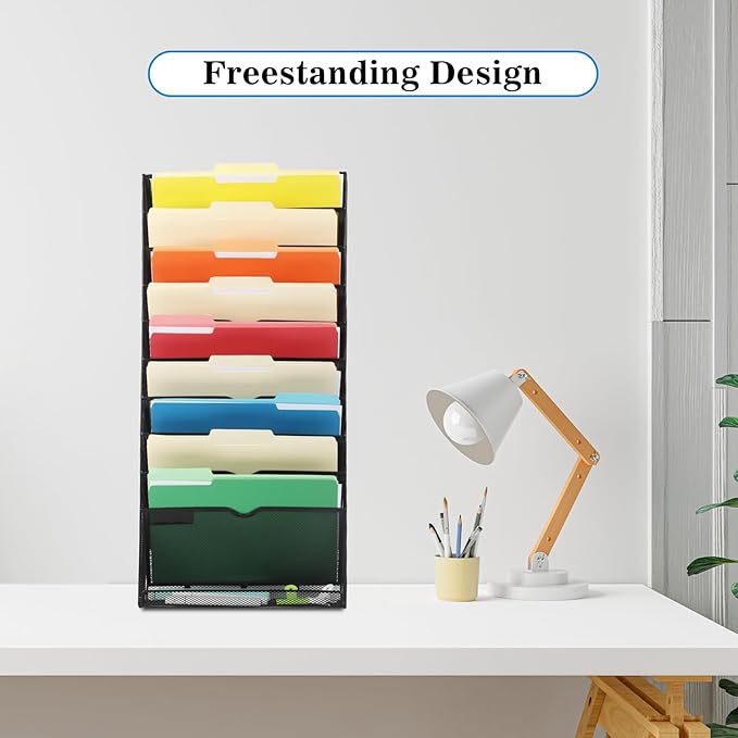 EASEPRES Desk File Organizer Mesh 11-Tier, Hanging Wall Mount Document Organization Stand, Desktop Vertical Mail Paper Folder Holder Rack with Bottom Tray for Office Home Cubicle Countertop, Black