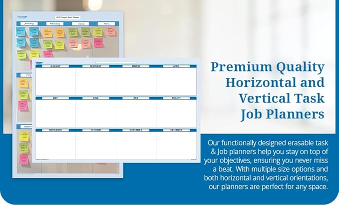 Sky Blue 12 Section Task, Objective and Goals Planning System Horizontal 36" Tall x 75" Wide. Wall Tray, Dry-Erase Marker, Eraser and 600 Sticky-Notes