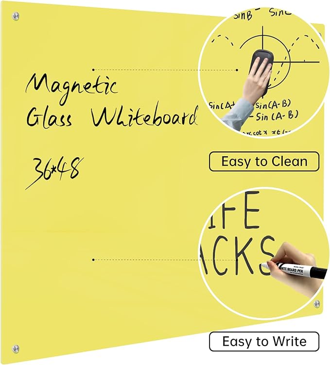 Magnetic Glass Dry Erase Board - White Board 48 x 36 Inch Wall Mounted Glass Whiteboard, Large Frameless Glass White Board for Wall Office, Home & School, Yellow