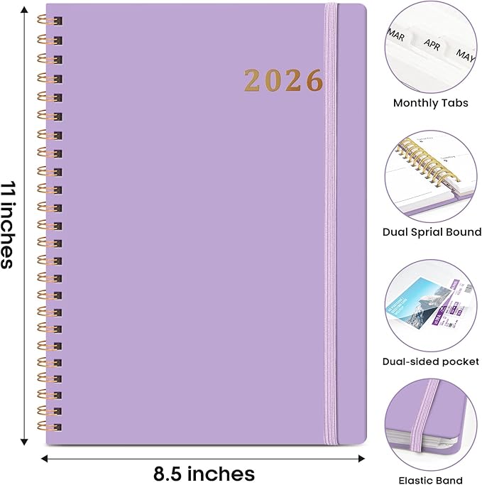 2026 Planner 8.5" x 11", Weekly and Monthly Calendar Planner Book, January 2026 - December 2026, Hardcover Spiral Planner with Monthly Tabs, Notes Pages, Perfect for Women & Men, A4 - Lavender