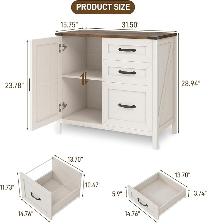 Lateral File Cabinet with 3 Drawers, Farmhouse File Cabinet for Letter/A4 Size Hanging Files, Large Wood File Storage Cabinets Printer Stand for Home Office Furniture, Rustic White