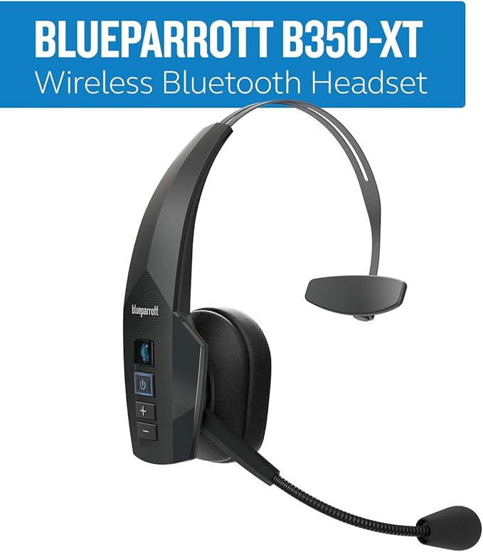 BlueParrott B350-XT Mono Bluetooth Wireless Headphones 96% Noise Canceling Over Head Trucker Headset with Mic, Adjustable Lightweight Headband, IP54-Rated Protection, 24 hrs. Talk Time, Black