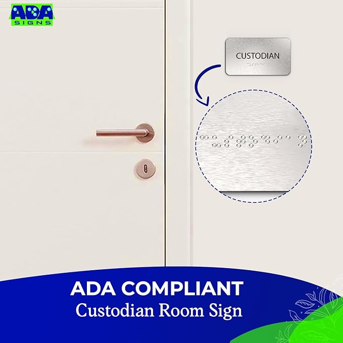 ADASigns Custodian Closet Sign 7" W x 4" H Durable Brushed Aluminum with Grade 2 Braille - Easy Installation with Adhesive Double Sided Tape - ADA Compliant Custodian Sign for Office & Businesses