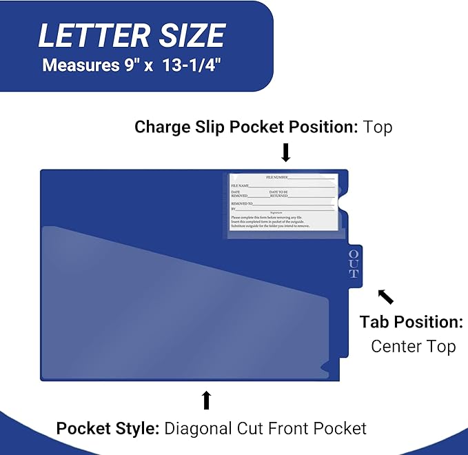 Doctor Stuff - Center Tab Vinyl Out Guides, Diagonal Cut Front Pocket, Top Charge Out Slip Pocket, Plastic File Folder, Letter Size 9" x 13-1/4", Navy, 100/Box