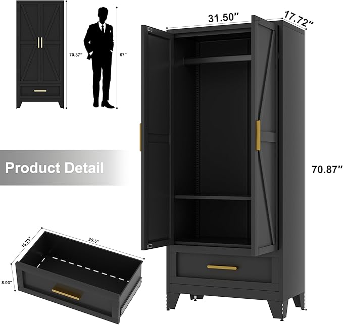 Metal Wardrobe Cabinet,71 Armoire Wardrobe Closet with Drawers and Hanging Rod,Metal Armoire with Adjustable Shelves for Closet,Bedroom,Farmhouse Storage Cabinet with Drawer(Black)