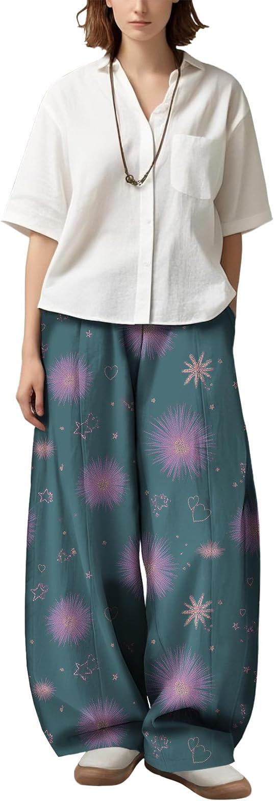 Zaswen Women's Oversize Loose Fit Breathable Pants Wide Leg Lounge Pants Fashion Casual Fireworks Print Trousers with Pockets