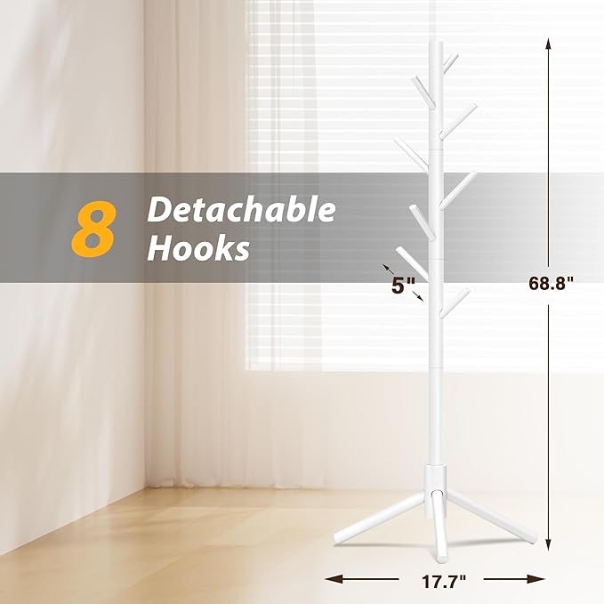 Wooden Coat Rack, Free Standing Coat Rack with 8 Hooks 3 Adjustable Heights for Clothes, Hats, Handbags, Coat Tree Easy Assembly for Entryway, Bedroom, Hallway, Office (New White)