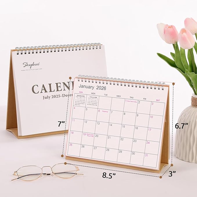 SKYDUE Small Desk Calendar 2025-2026, Jul. 2025 to Dec. 2026, 18 Months Small Desk Calendar with Planner Stickers, 8.5" x 7" Desktop Calendar Planner, Kraft
