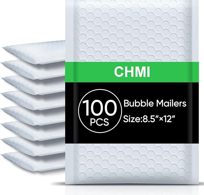 CHMI White Bubble Mailers 8.5 x 12 Inch 100 Pack, Usable Size 8.25X12 Inch Poly Mailers,Mailing Envelopes,Shipping Mailer，Opaque Self Seal Adhesive Waterproof Bags for Packaging and Shipping.