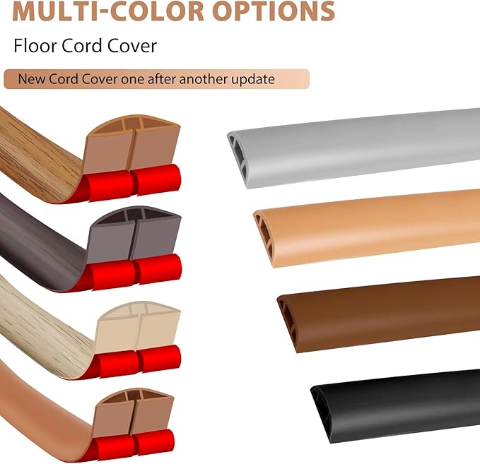 Floor Cord Cover Cavity 0.8"x0.37" Self Adhesive Cord Hider, 10FT Low Profile Cable Management, Extension Strip Protector for Wires, Prevent Cable Trips for Offices, Gyms, Exhibitions（Black Wood）