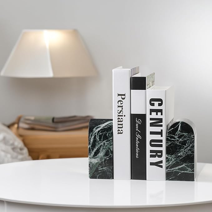 Koville Italian Natural Marble Bookends for Shelves, Decorative Book Ends, 7lbs Heavy-Duty Marble Book Holders, Bookshelf Apartment Decor for Normal Books/CD/Video Games(Verde Remeggiato)