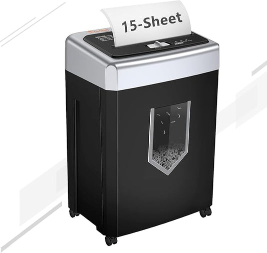 Bonsaii 15-Sheet Cross-Cut Paper Shredder, Heavy-Duty Office Use, 35-Min Continuous Runtime, P-4 Security Level, Anti-Jam, Shreds CDs & Cards, 4.8-Gallon Pullout Wastebasket