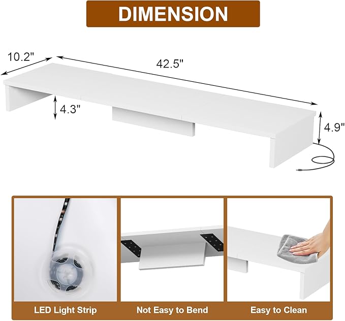 TV Riser Stand with LED Lights, 42.5" Super Large Monitor Stand Riser, Tabletop TV Stand Riser for Desk, Desk Shelf for Top of Desk, Desktop Organizer for Computer, TV, Laptop, Printer