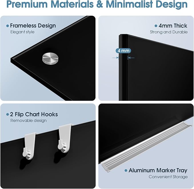 MaxGear Glass White Boards 96x48 Inches, Wall Mounted Magnetic Dry Erase Board Black, Large Frameless Whiteboard with 1 Eraser,3 Markers and 6 Magnets for Office, School, Home