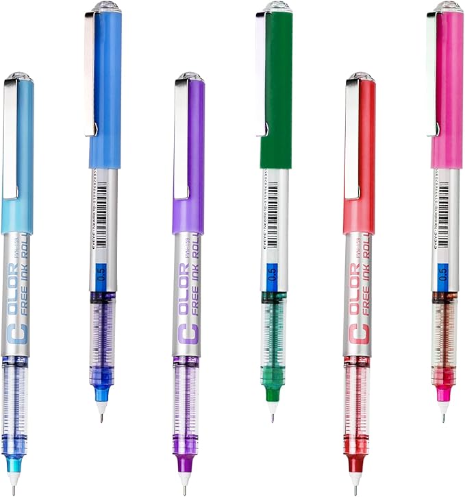 EYEYE Roller Ball Pen Extra Fine Point 6 Assorted Colors, Needle Rollerball Pens 0.5mm Quick Dry, Liquid Ink Pens Fine Point Smooth Writing Pen for Journaling, Note Taking, Office, Doodling & Gifts