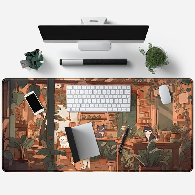 Rown Cute Cat & Puppy Mouse Pad - Green, Bonsai Aesthetic, XXL 31.5x15.7 in Desktop & Laptop Keyboard Pad for Office & Home