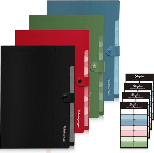 SKYDUE 8 Pockets Accordion File Organizer, Expanding File Folders, Portable Document Paper Organizer, A4 Letter Size, Snap Closure, Pack of 4