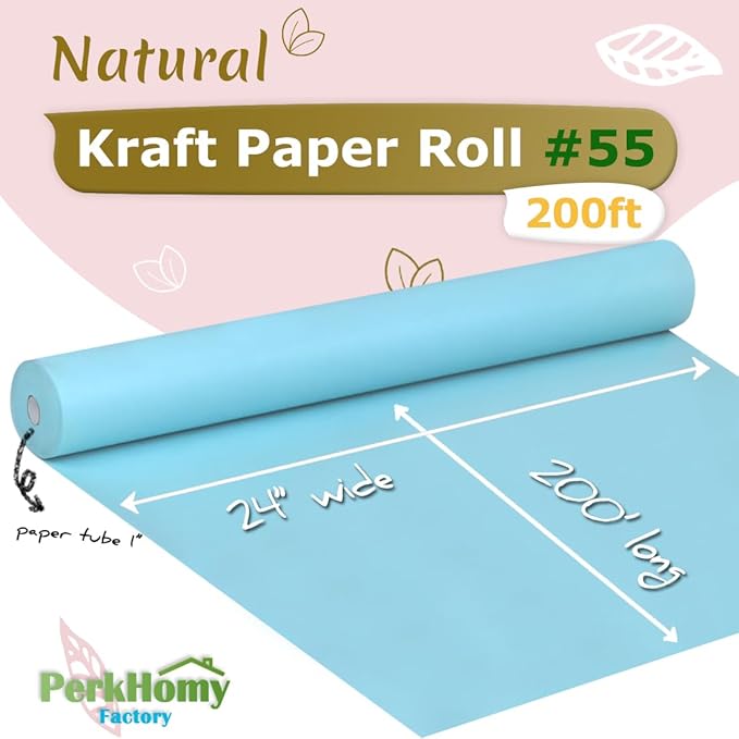 PerkHomy 24" x 2,400" (200') Light Blue Kraft Paper Roll for Craft Bulletin Board Paper Art Table Covering Crafting Gift Wrapping Bouquet Packing Parcel 80GSM 55LB (Light Blue, 24" x 200')