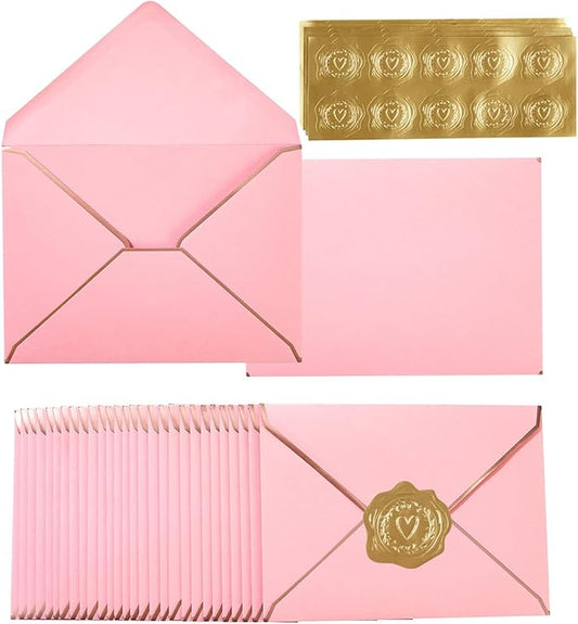 100 Pack A7 Envelopes 5 x 7 Card Envelopes V Flap with Gold Border for Office, Wedding Gift Cards, Invitations, Graduation, Baby Shower, Parties (Pink, 5.32 x 7.28 Inches)