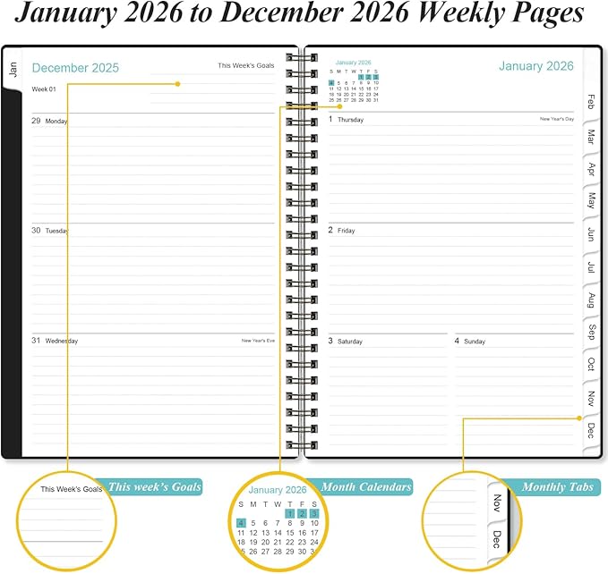 2026 Planner - Planner 2026 from January 2026 - December 2026, Weekly & Monthly Planner Spiral Bound with 12 Monthly Tabs, Inner Pocket, 6.4" x 8.5", Black-B