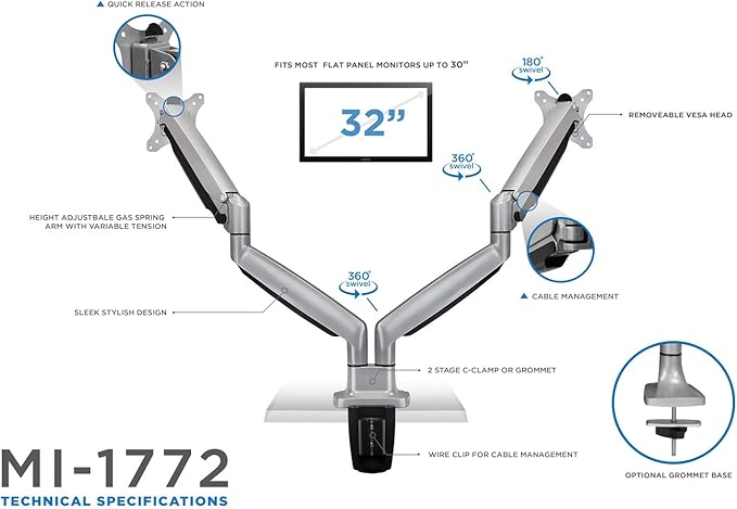 Mount-It! (MI-1772) Dual Monitor Arm Mount Desk Stand Two Articulating Gas Spring Height Adjustable Arms | Fits Up To 32" VESA 75 100 Compatible Screens | C-Clamp and Grommet Bases (Silver)